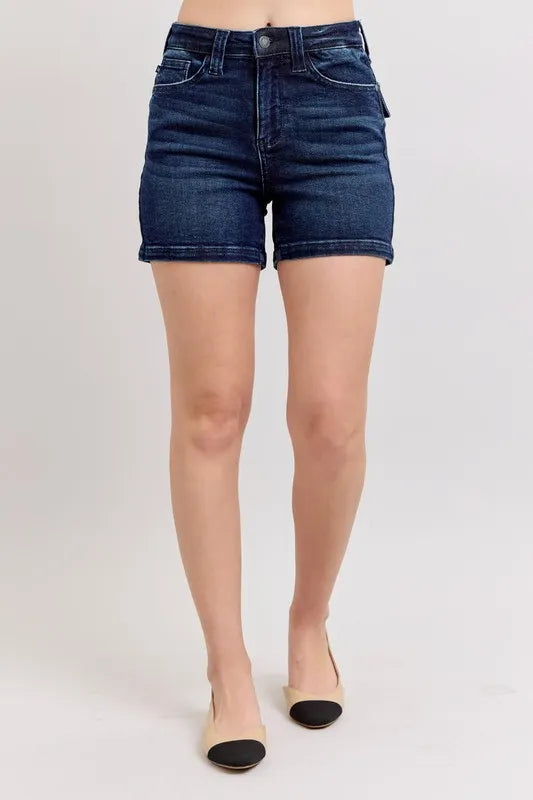 Judy Blue Full Size High Waist Back Flap Pocket Denim Shorts plus Size in MD view 2 - High-Waisted - Judy Size (bottom)