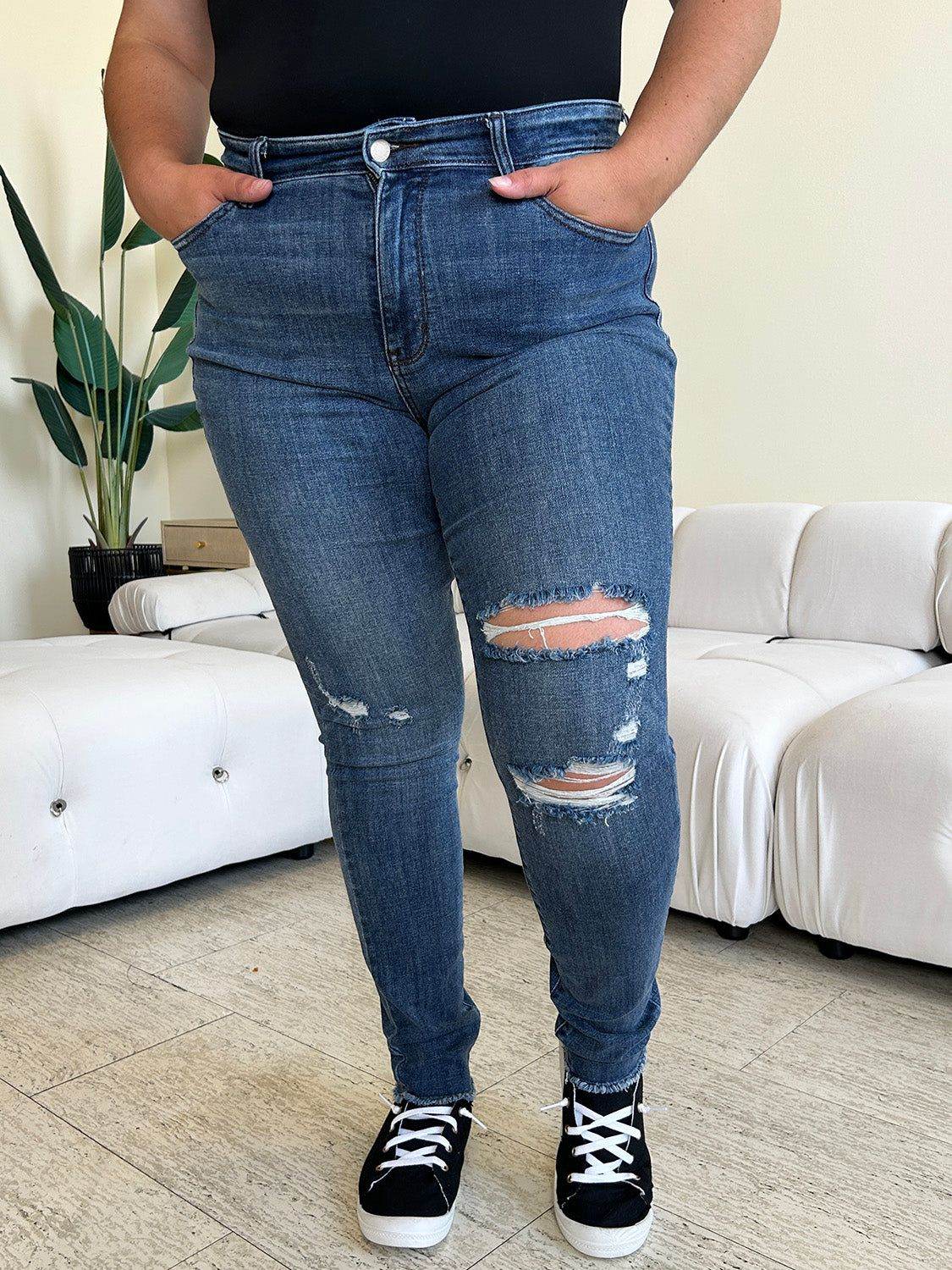 Judy Blue Full Size High Waist Distressed Skinny Jeans - us.meeeshop