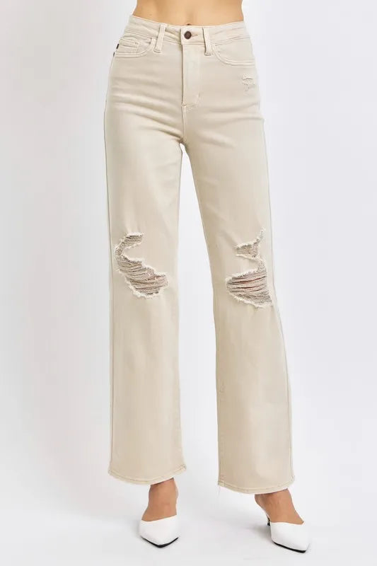 Judy Blue Full Size High Waist Distressed Wide Leg Jeans in BONE - High-Waisted (bottom)