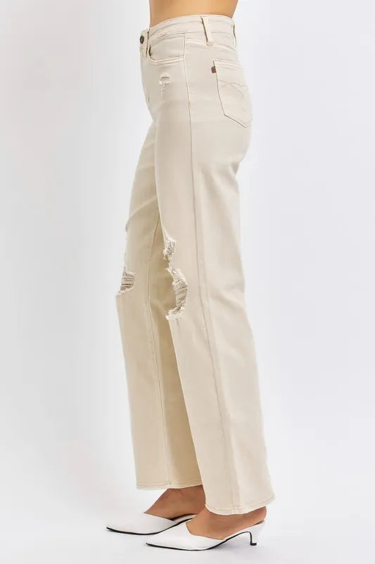 Judy Blue Full Size High Waist Distressed Wide Leg Jeans in BONE view 2 - High-Waisted (bottom)