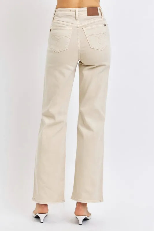 Judy Blue Full Size High Waist Distressed Wide Leg Jeans in BONE view 3 - High-Waisted (bottom)