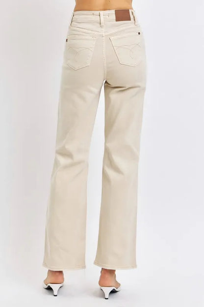 Judy Blue Full Size High Waist Distressed Wide Leg Jeans in BONE view 3 - High-Waisted (bottom)
