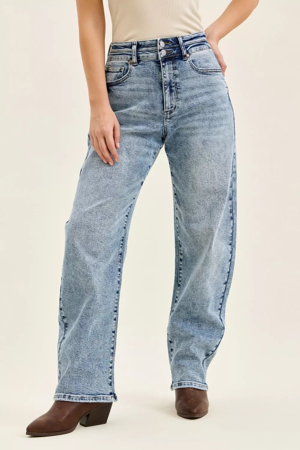 Judy Blue Full Size High Waist Marlow Arc Leg Jeans with Double Waistband plus Size in LT - High-Waisted (bottom)