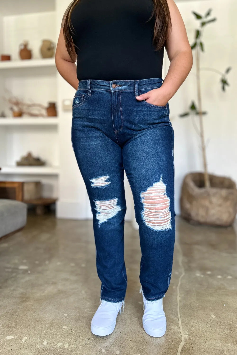 Judy Blue Full Size High Waist Rigid Magic Heavy Destroy Straight Jeans in Dark - High-Waisted (bottom)
