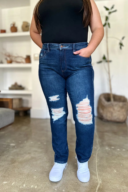 Judy Blue Full Size High Waist Rigid Magic Heavy Destroy Straight Jeans in Dark - High-Waisted (bottom)