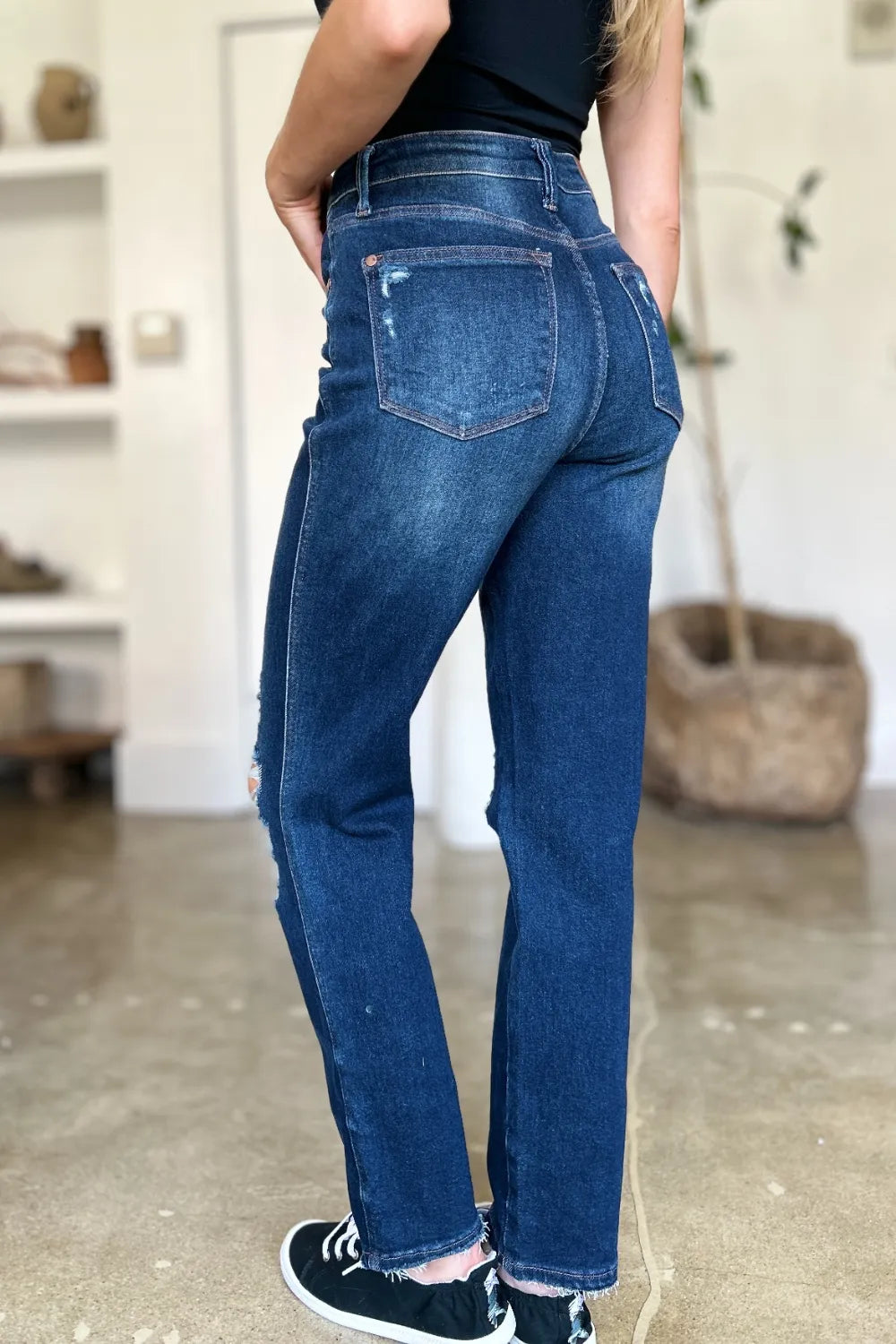 Judy Blue Full Size High Waist Rigid Magic Heavy Destroy Straight Jeans in Dark view 11 - High-Waisted (bottom)