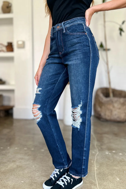 Judy Blue Full Size High Waist Rigid Magic Heavy Destroy Straight Jeans in Dark view 12 - High-Waisted (bottom)