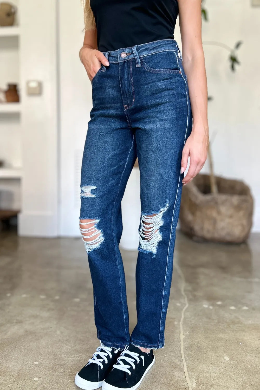 Judy Blue Full Size High Waist Rigid Magic Heavy Destroy Straight Jeans in Dark view 13 - High-Waisted (bottom)