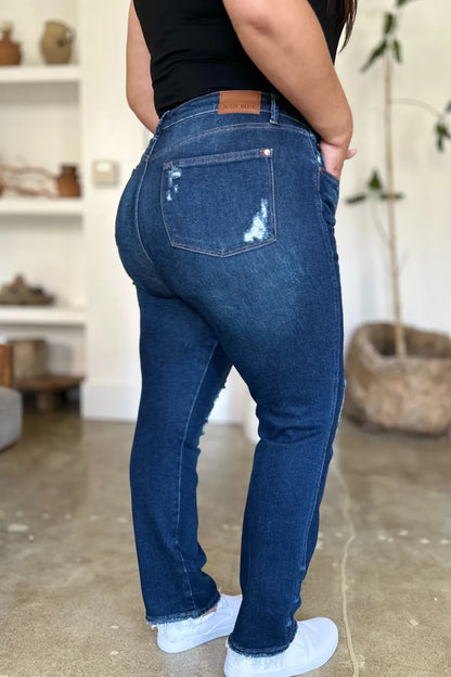 Judy Blue Full Size High Waist Rigid Magic Heavy Destroy Straight Jeans in Dark view 2 - High-Waisted (bottom)