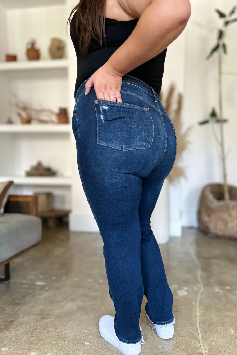 Judy Blue Full Size High Waist Rigid Magic Heavy Destroy Straight Jeans in Dark view 3 - High-Waisted (bottom)