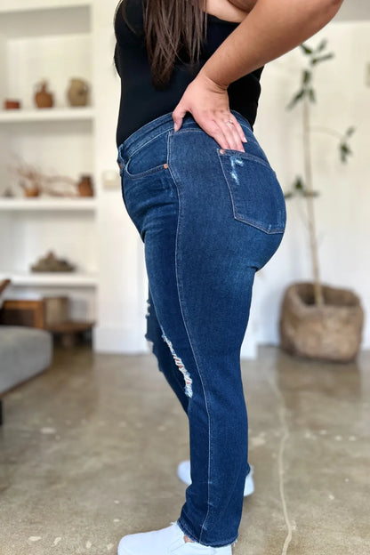 Judy Blue Full Size High Waist Rigid Magic Heavy Destroy Straight Jeans in Dark view 4 - High-Waisted (bottom)