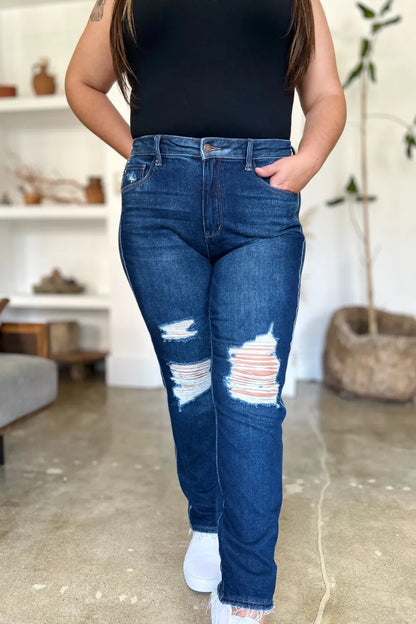 Judy Blue Full Size High Waist Rigid Magic Heavy Destroy Straight Jeans in Dark view 5 - High-Waisted (bottom)