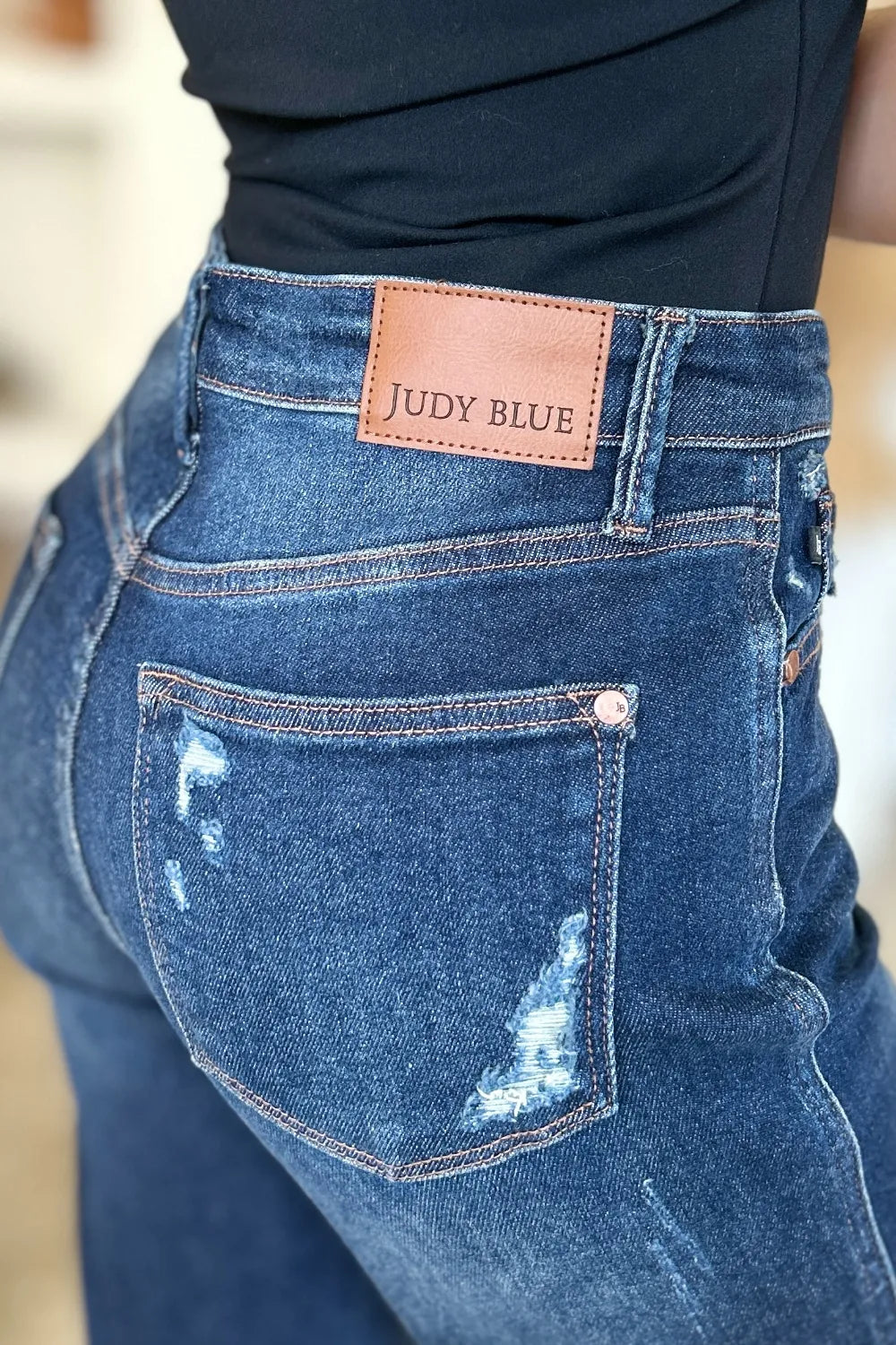 Judy Blue Full Size High Waist Rigid Magic Heavy Destroy Straight Jeans in Dark view 6 - High-Waisted (bottom)