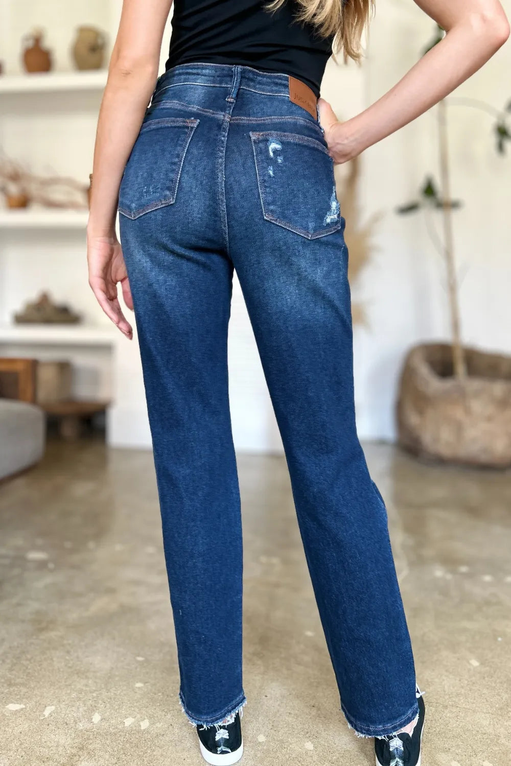 Judy Blue Full Size High Waist Rigid Magic Heavy Destroy Straight Jeans in Dark view 9 - High-Waisted (bottom)