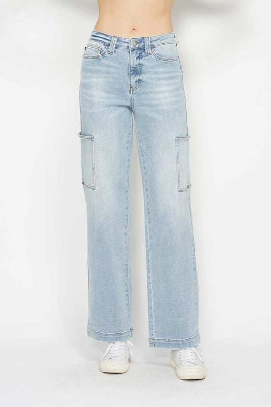 Judy Blue Full Size High Waist Straight Cargo Jeans in Light - High-Waisted - Judy Jeans (bottom)