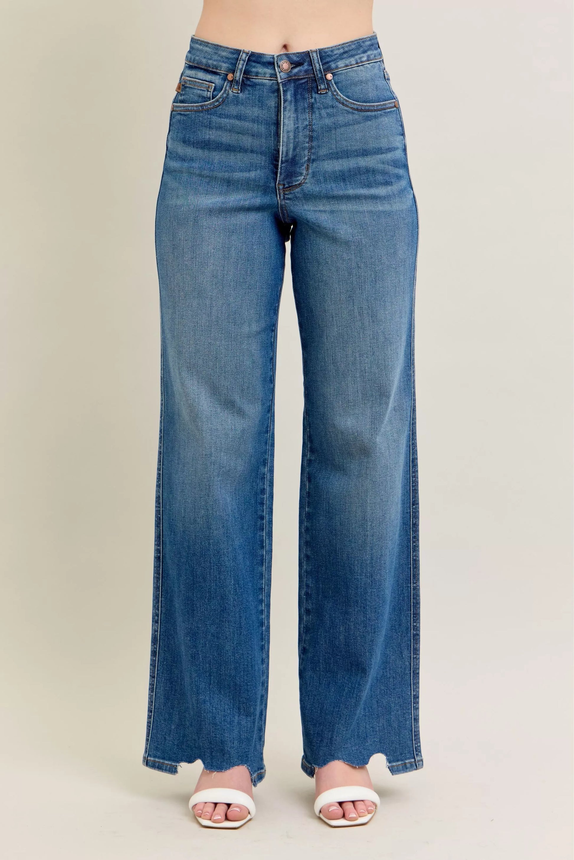 Judy Blue Full Size High Waist Tummy Control Chew Hem Destroy Wide Jeans plus Size in MD - High-Waisted (bottom)