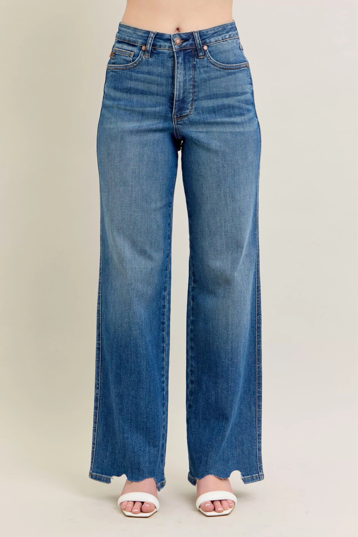 Judy Blue Full Size High Waist Tummy Control Chew Hem Destroy Wide Jeans plus Size - MeeeShop Women's Fashion