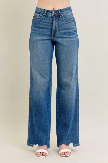 Judy Blue Full Size High Waist Tummy Control Chew Hem Destroy Wide Jeans plus Size - MeeeShop Women's Fashion