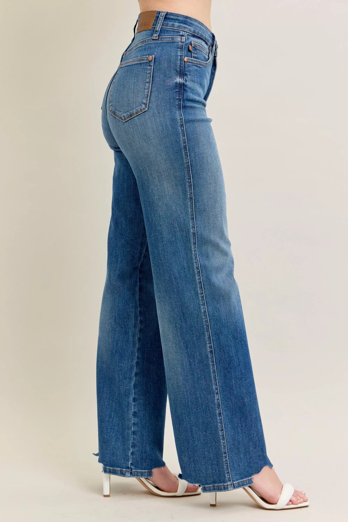Judy Blue Full Size High Waist Tummy Control Chew Hem Destroy Wide Jeans plus Size - MeeeShop Women's Fashion