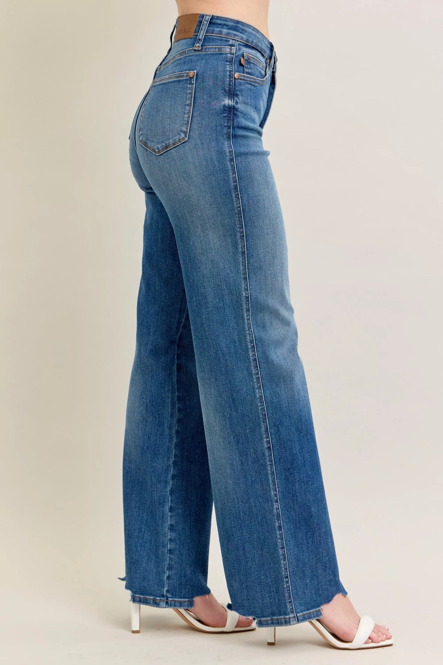 Judy Blue Full Size High Waist Tummy Control Chew Hem Destroy Wide Jeans plus Size in MD view 10 - High-Waisted