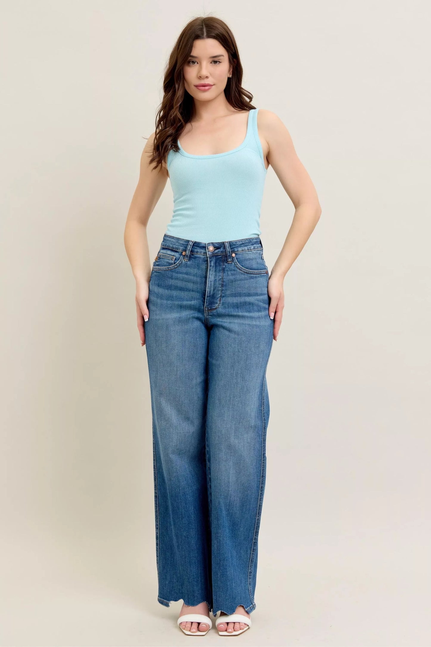 Judy Blue Full Size High Waist Tummy Control Chew Hem Destroy Wide Jeans plus Size in MD view 11 - High-Waisted