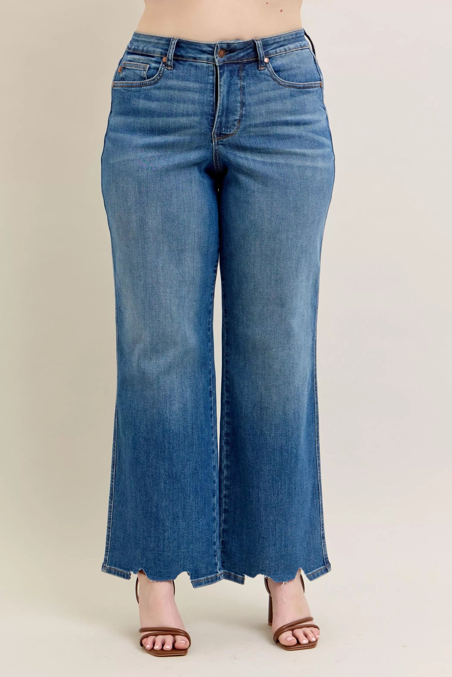 Judy Blue Full Size High Waist Tummy Control Chew Hem Destroy Wide Jeans plus Size in MD view 12 - High-Waisted