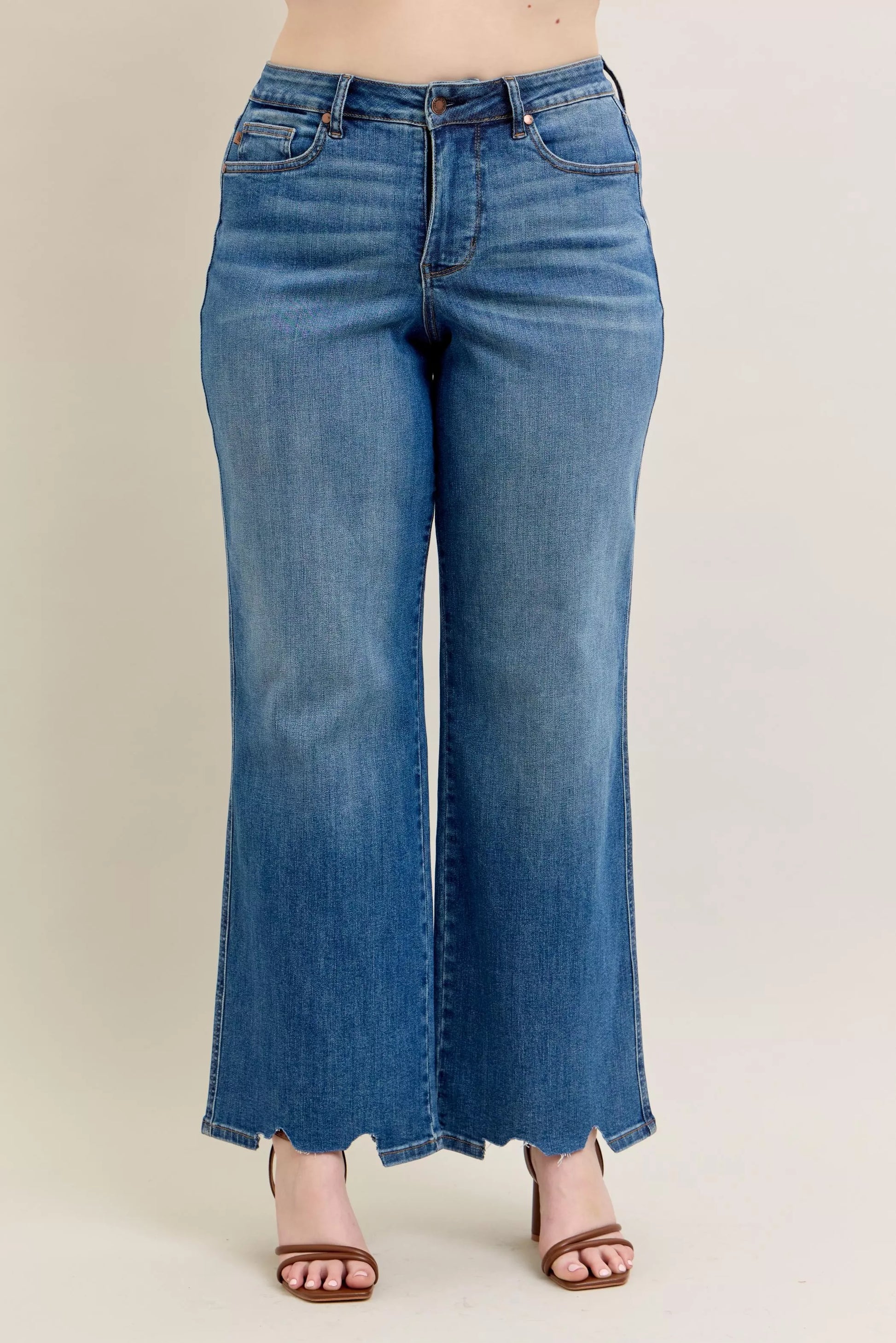 Judy Blue Full Size High Waist Tummy Control Chew Hem Destroy Wide Jeans plus Size in MD view 12 - High-Waisted