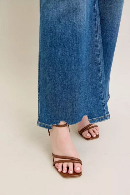 Judy Blue Full Size High Waist Tummy Control Chew Hem Destroy Wide Jeans plus Size in MD view 13 - High-Waisted