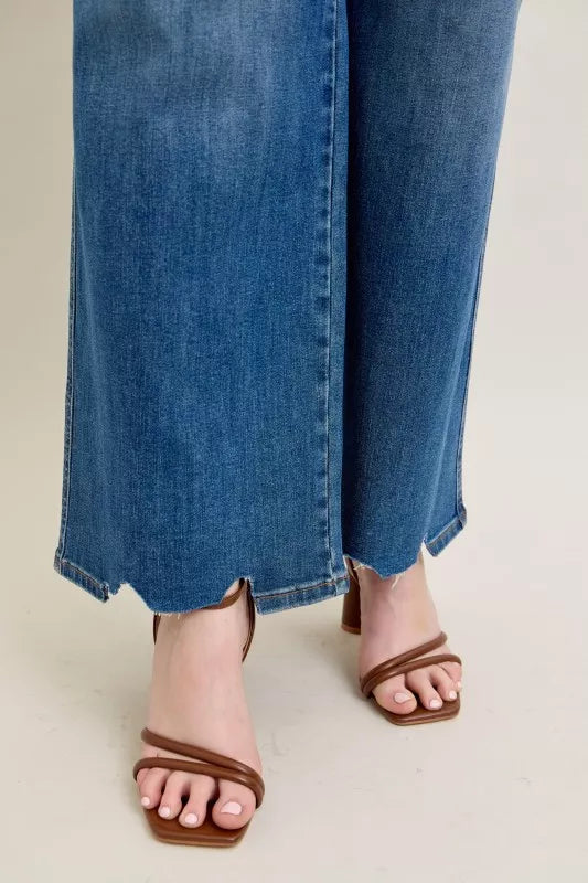 Judy Blue Full Size High Waist Tummy Control Chew Hem Destroy Wide Jeans plus Size in MD view 14 - High-Waisted