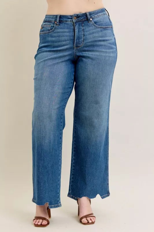 Judy Blue Full Size High Waist Tummy Control Chew Hem Destroy Wide Jeans plus Size view 15 - High-Waisted (bottom)