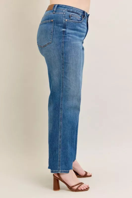Judy Blue Full Size High Waist Tummy Control Chew Hem Destroy Wide Jeans plus Size view 16 - High-Waisted (bottom)