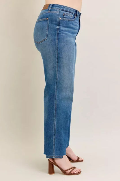 Judy Blue Full Size High Waist Tummy Control Chew Hem Destroy Wide Jeans plus Size view 16 - High-Waisted (bottom)