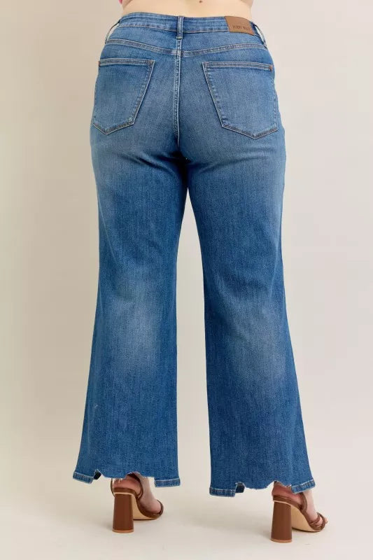 Judy Blue Full Size High Waist Tummy Control Chew Hem Destroy Wide Jeans plus Size view 17 - High-Waisted (bottom)