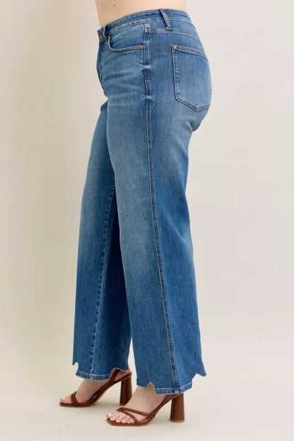 Judy Blue Full Size High Waist Tummy Control Chew Hem Destroy Wide Jeans plus Size view 18 - High-Waisted (bottom)