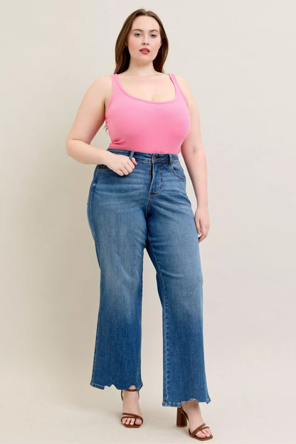 Judy Blue Full Size High Waist Tummy Control Chew Hem Destroy Wide Jeans plus Size view 19 - High-Waisted (bottom)