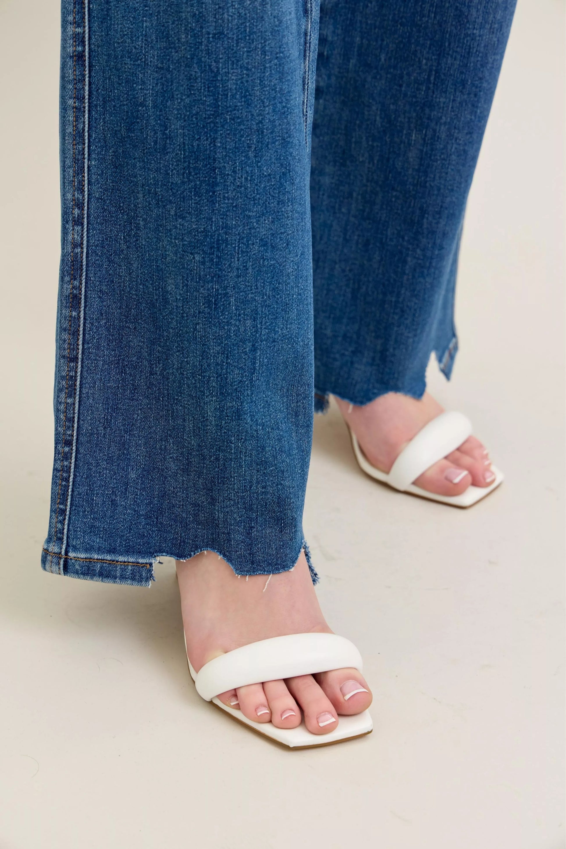 Judy Blue Full Size High Waist Tummy Control Chew Hem Destroy Wide Jeans plus Size in MD view 2 - High-Waisted (bottom)
