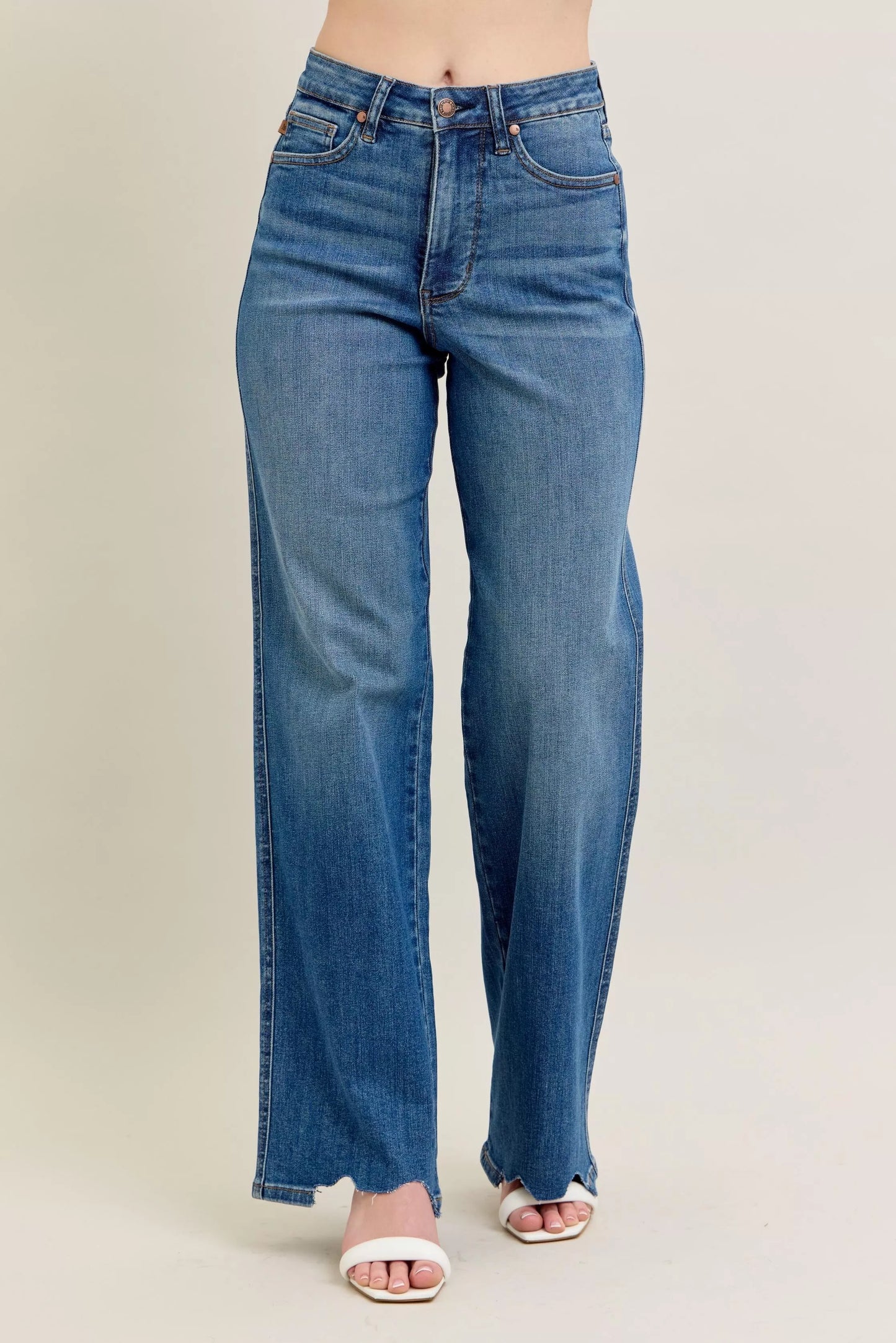 Judy Blue Full Size High Waist Tummy Control Chew Hem Destroy Wide Jeans plus Size in MD view 4 - High-Waisted (bottom)