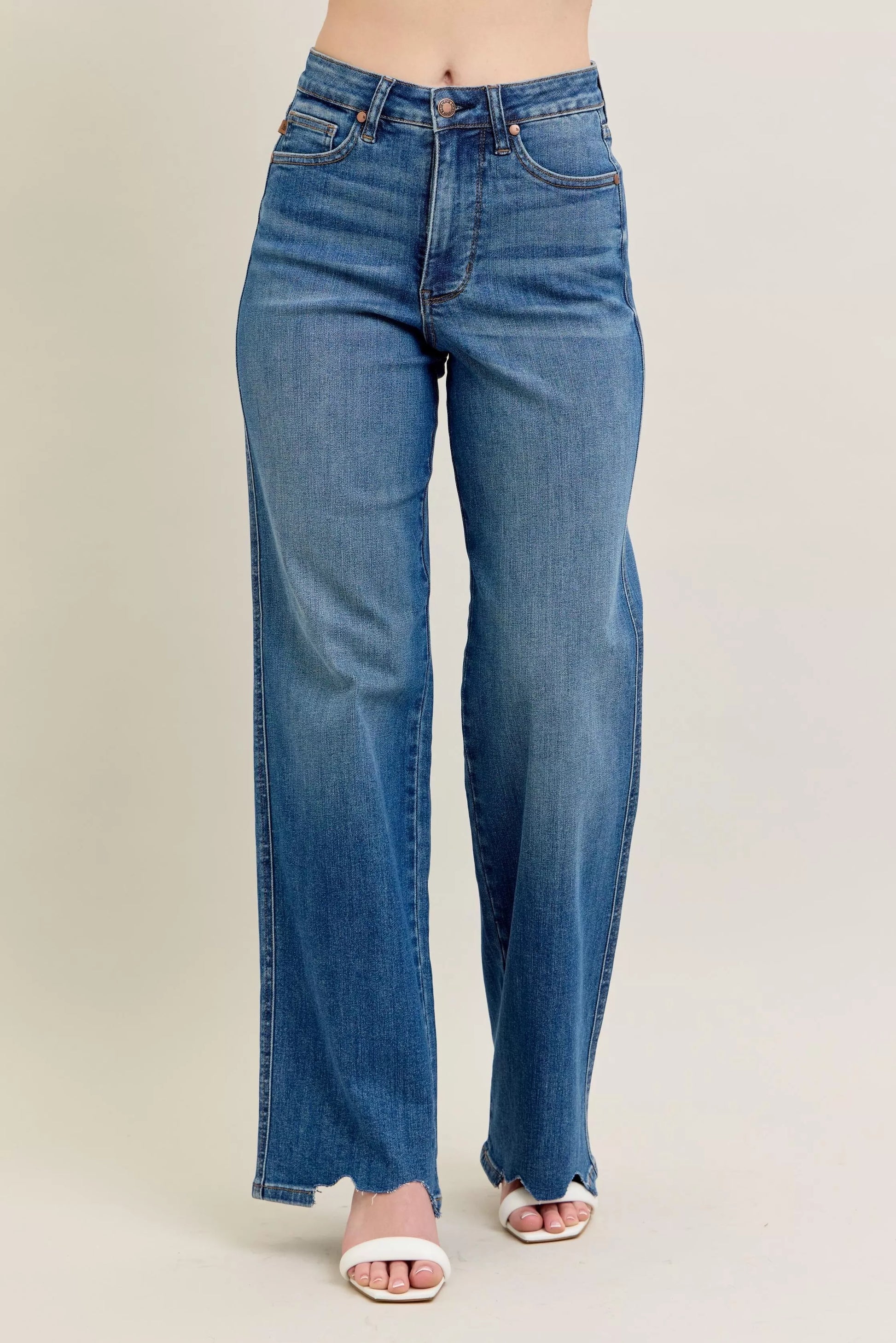 Judy Blue Full Size High Waist Tummy Control Chew Hem Destroy Wide Jeans plus Size in MD view 4 - High-Waisted (bottom)