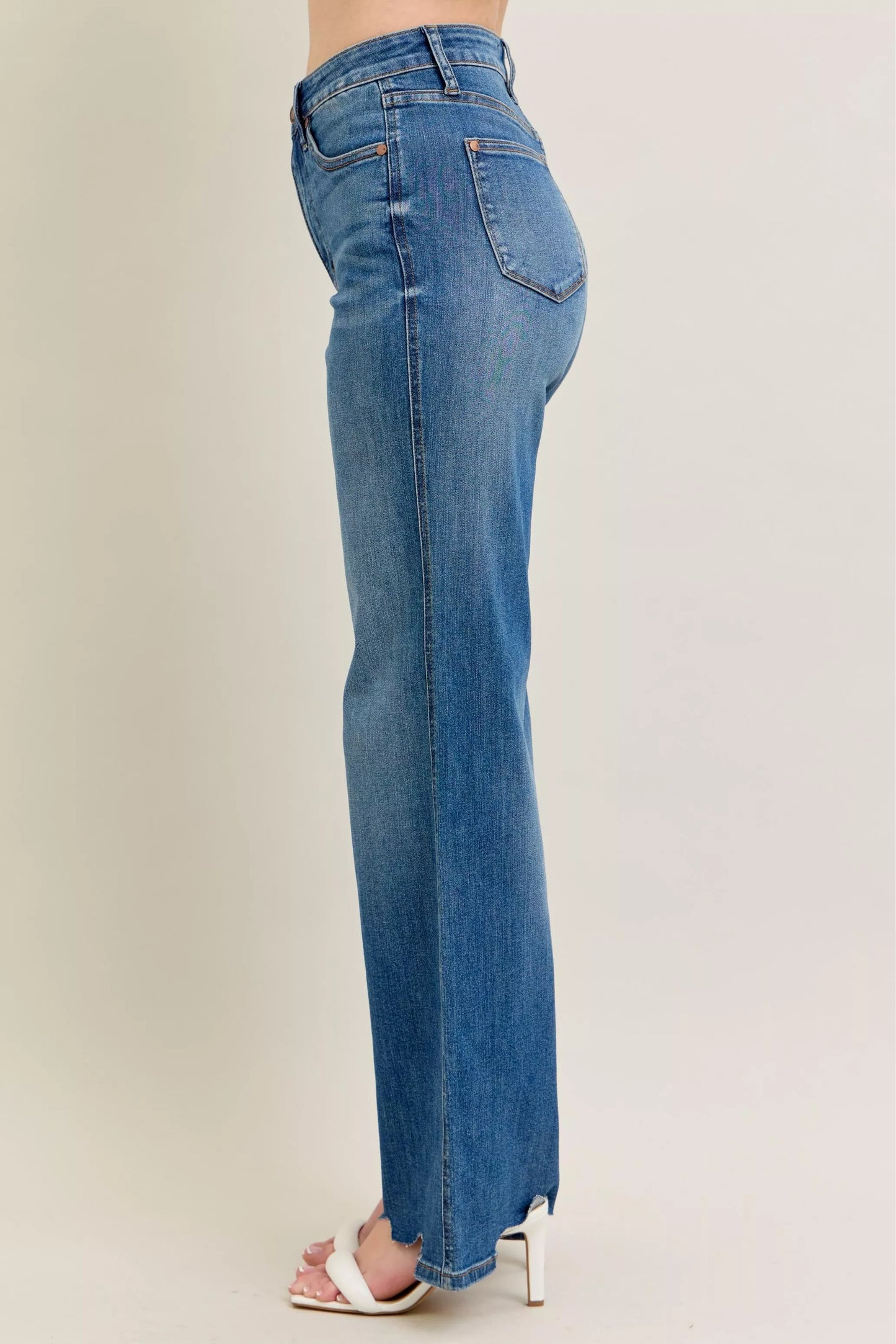 Judy Blue Full Size High Waist Tummy Control Chew Hem Destroy Wide Jeans plus Size in MD view 5 - High-Waisted (bottom)