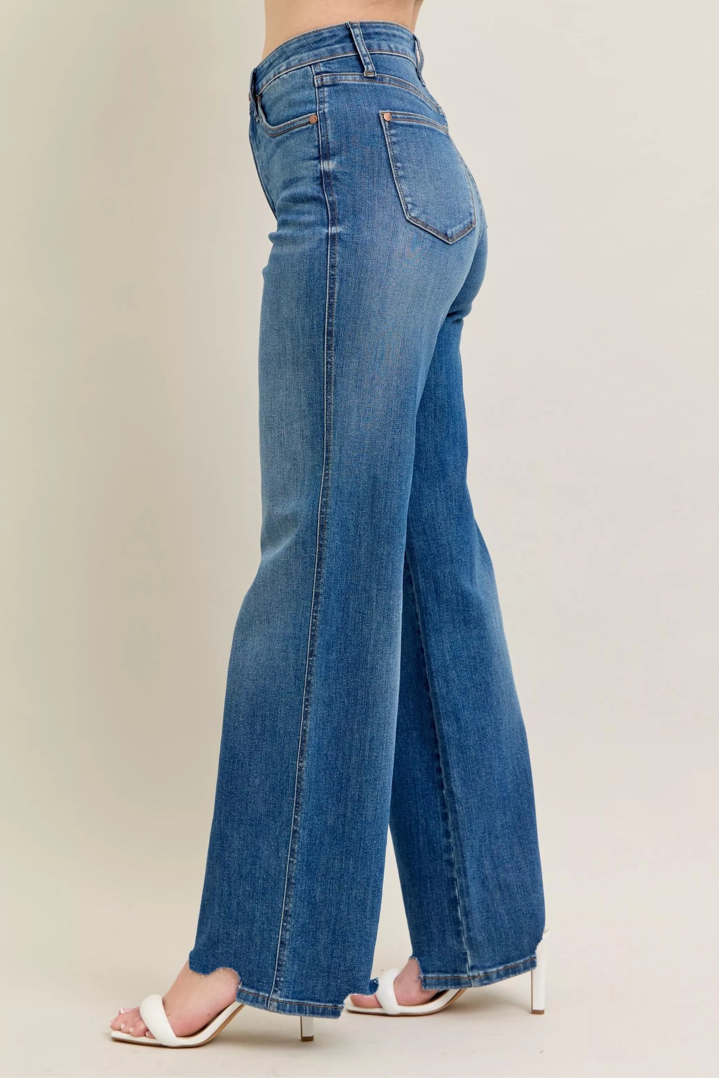 Judy Blue Full Size High Waist Tummy Control Chew Hem Destroy Wide Jeans plus Size in MD view 6 - High-Waisted (bottom)
