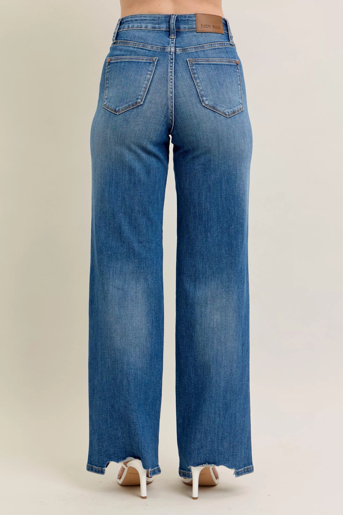 Judy Blue Full Size High Waist Tummy Control Chew Hem Destroy Wide Jeans plus Size in MD view 7 - High-Waisted (bottom)
