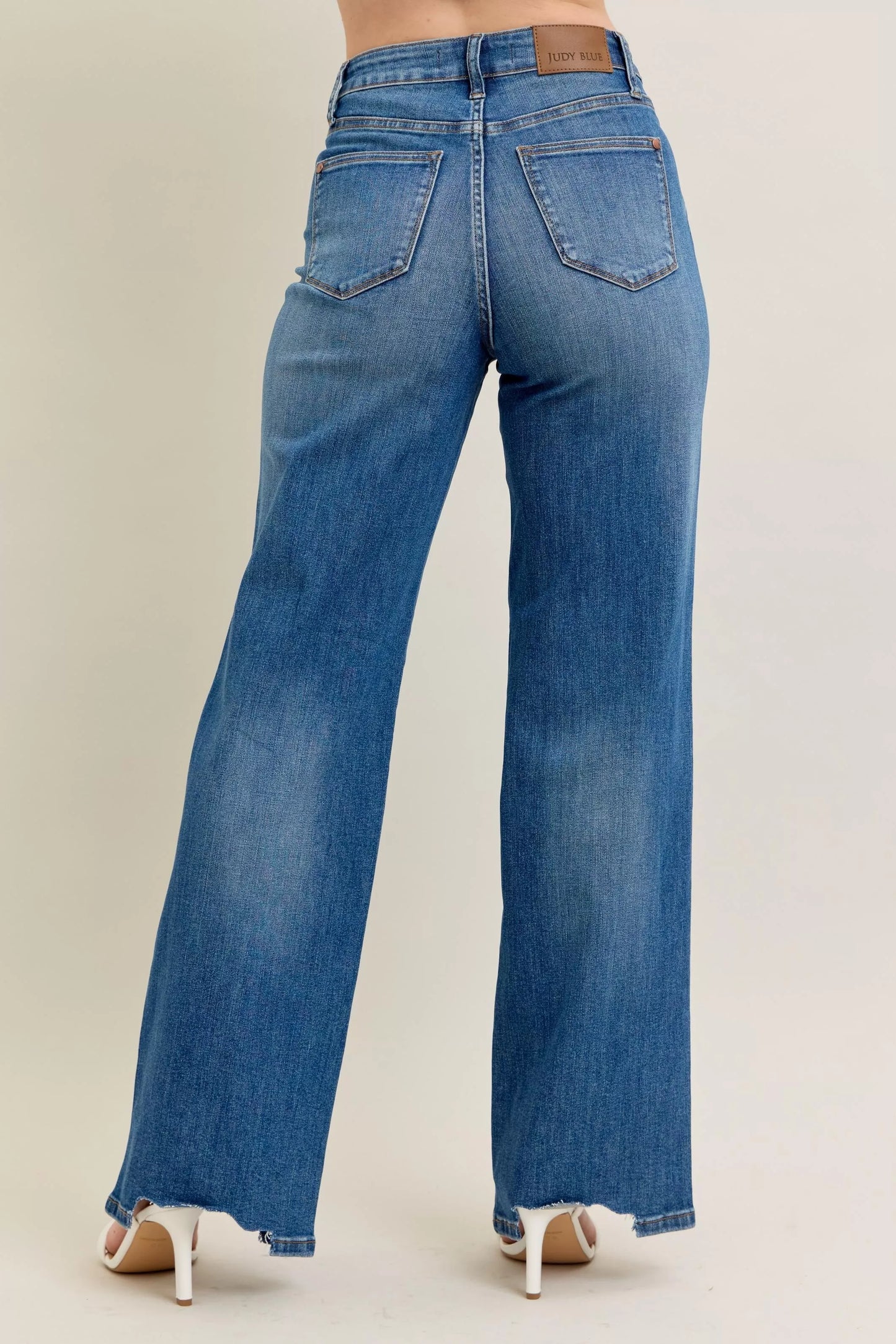 Judy Blue Full Size High Waist Tummy Control Chew Hem Destroy Wide Jeans plus Size in MD view 8 - High-Waisted (bottom)