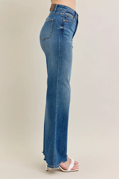 Judy Blue Full Size High Waist Tummy Control Chew Hem Destroy Wide Jeans plus Size in MD view 9 - High-Waisted (bottom)