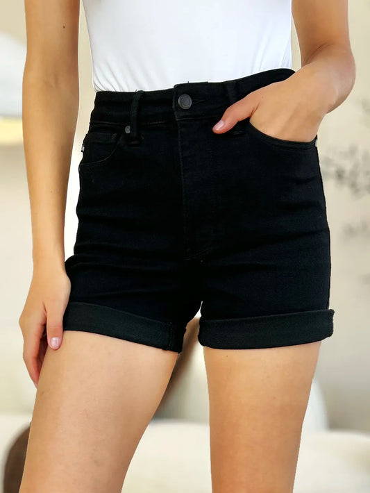 Judy Blue Full Size High Waist Tummy Control Cuffed Denim Shorts in Black - High-Waisted - Judy Shorts (bottom)