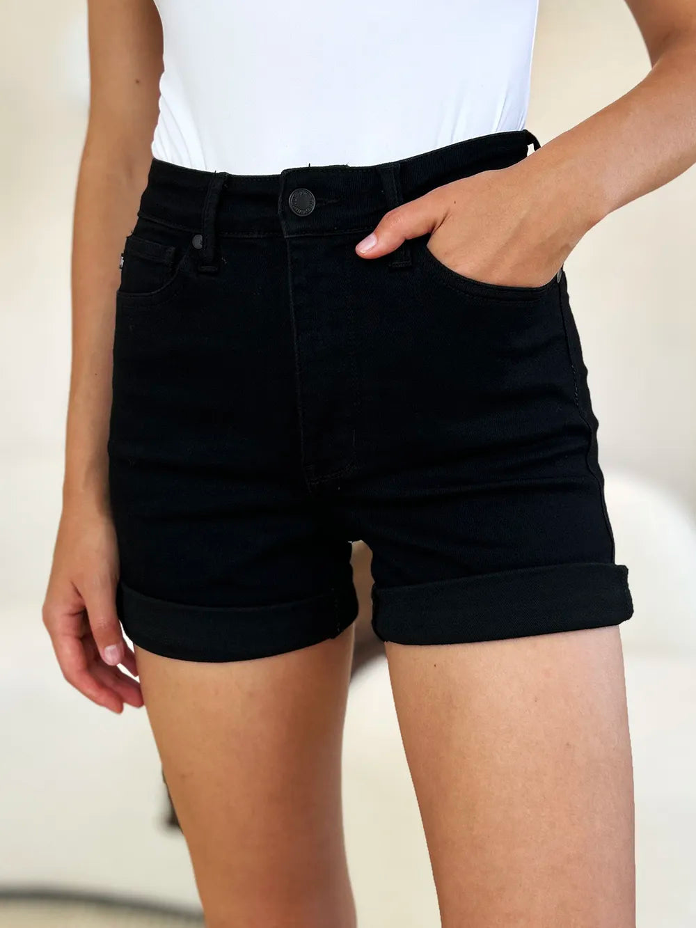 Judy Blue Full Size High Waist Tummy Control Cuffed Denim Shorts - MeeeShop Women's Fashion