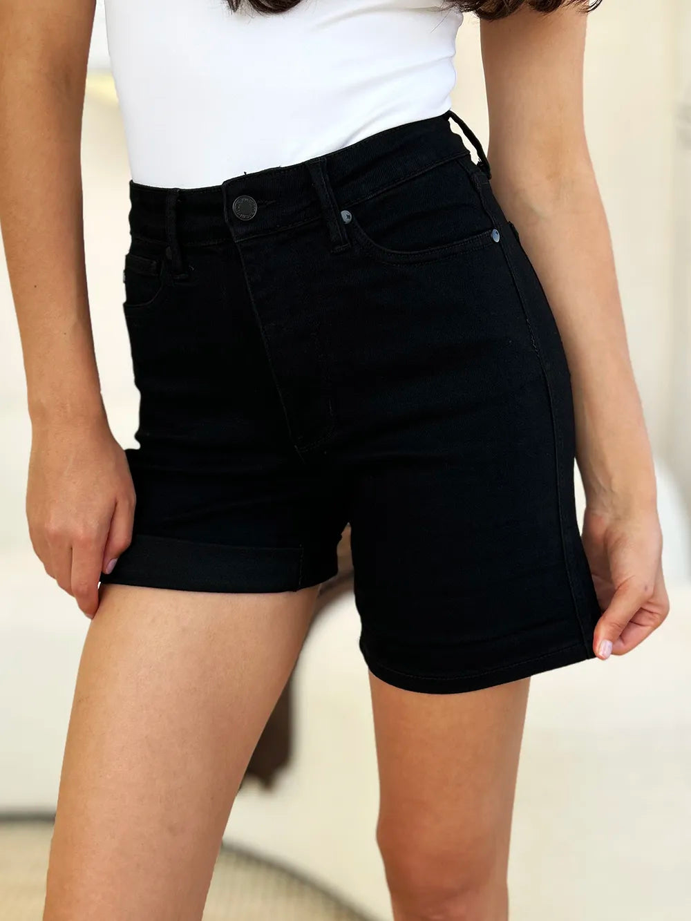 Judy Blue Full Size High Waist Tummy Control Cuffed Denim Shorts - MeeeShop Women's Fashion