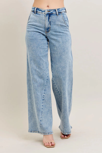 Judy Blue Full Size High Waist Wide Leg Jeans with Skewed Inseam plus Size in LT - High-Waisted (bottom)