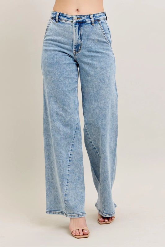 Judy Blue Full Size High Waist Wide Leg Jeans with Skewed Inseam plus Size in LT - High-Waisted (bottom)