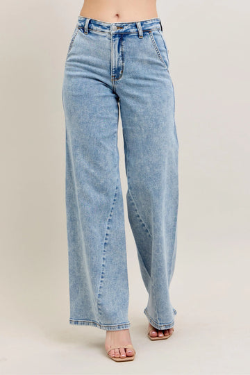 Judy Blue Full Size High Waist Wide Leg Jeans with Skewed Inseam plus Size - MeeeShop Women's Fashion