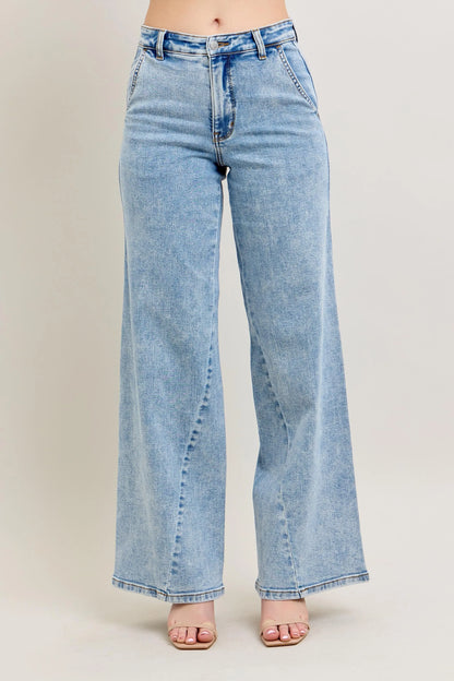 Judy Blue Full Size High Waist Wide Leg Jeans with Skewed Inseam plus Size in LT view 2 - High-Waisted (bottom)